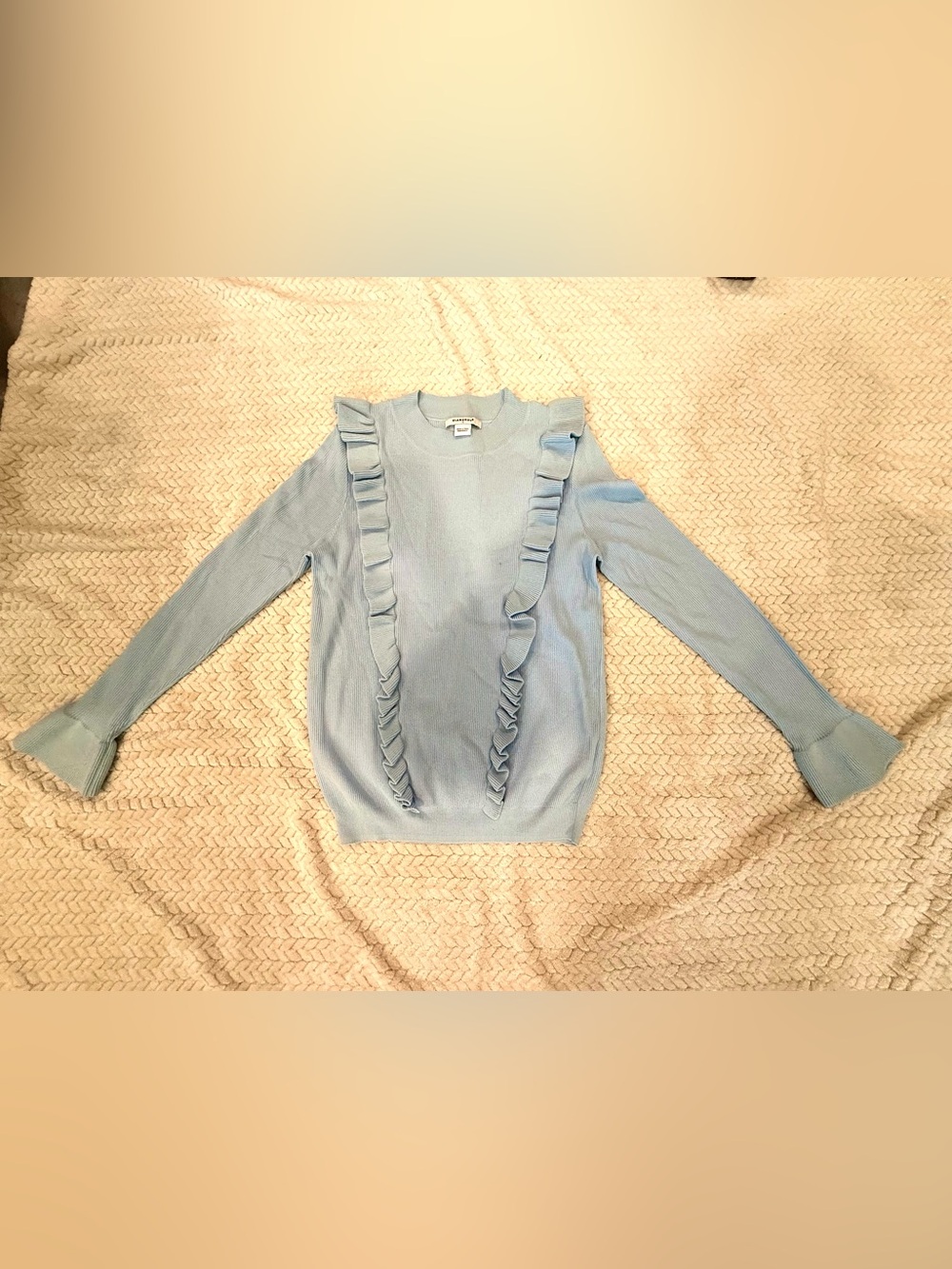 Glamorous Pale Blue Ruffle-Front Crewneck Lightweight Sweater